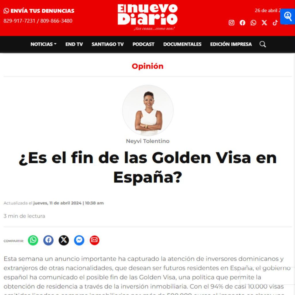 Artículo de El Nuevo Diario- Neyvi Tolentino Golden Visa